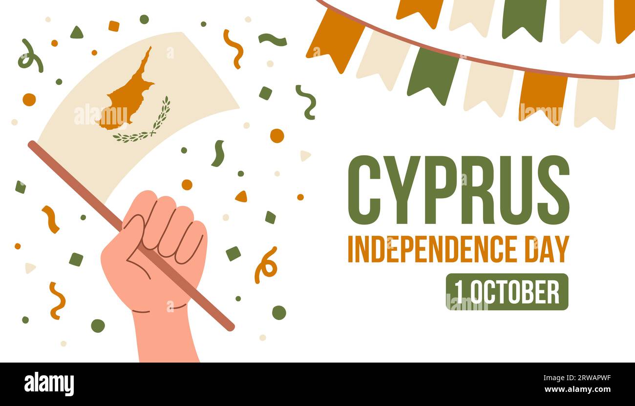 Giorno dell'indipendenza di Cipro 1 ottobre. Bandiera di Cipro in mano. Biglietto d'auguri, poster, modello di banner. Illustrazione Vettoriale
