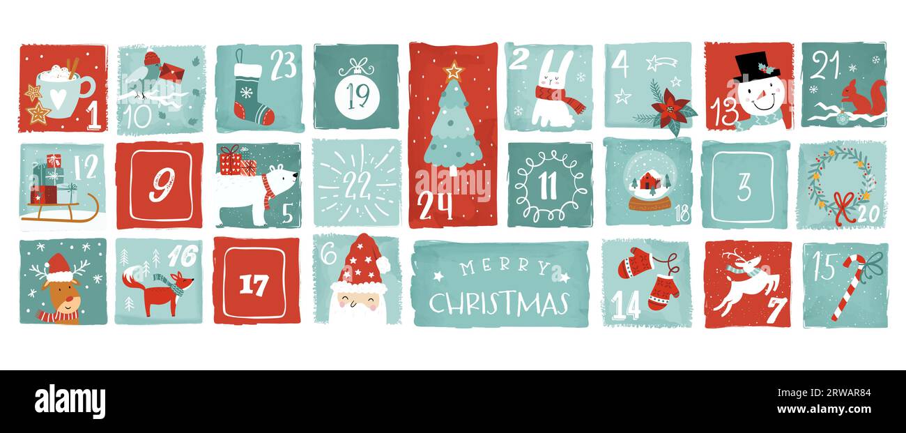 Grazioso calendario dell'avvento di Natale disegnato a mano. Splendidi disegni di doodle, design vettoriale Illustrazione Vettoriale