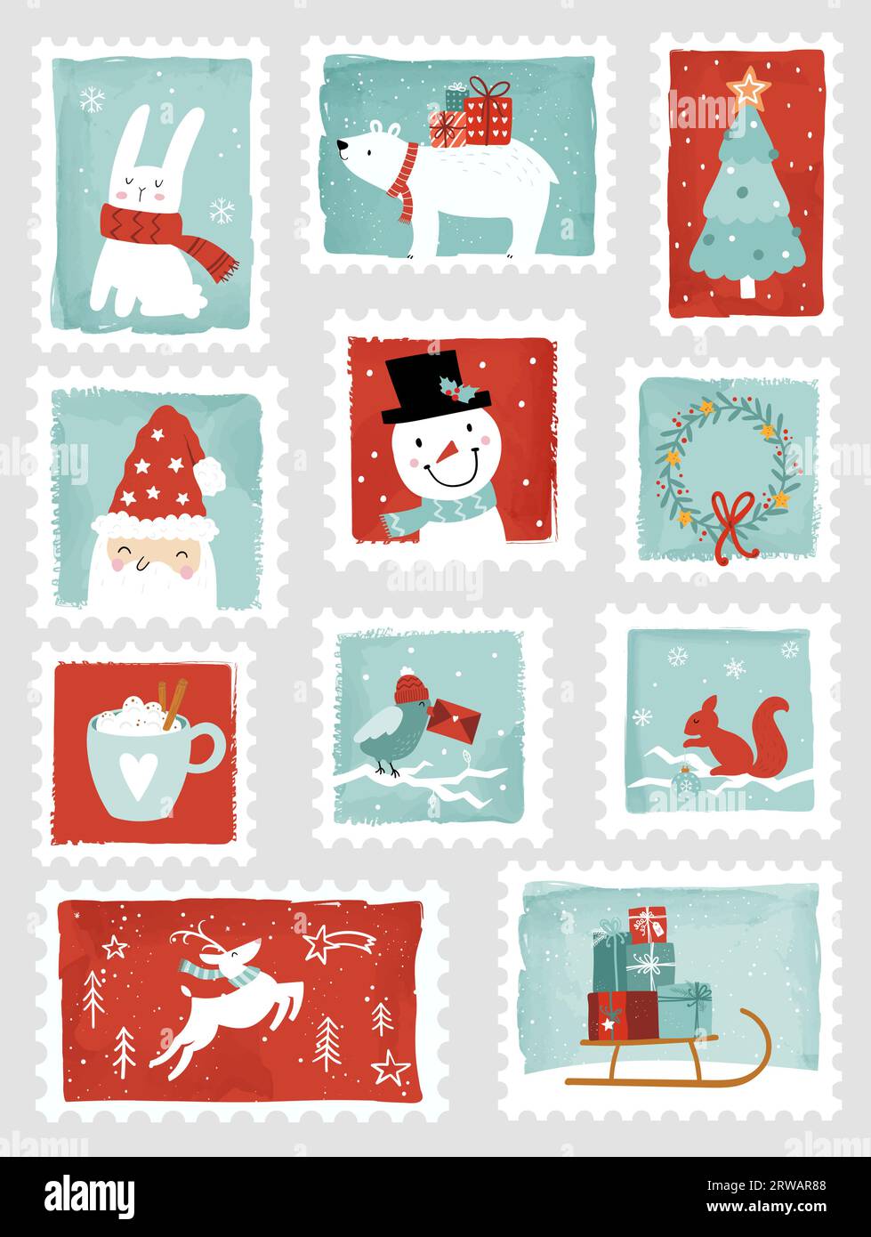 Splendidi francobolli natalizi disegnati a mano, stile cartoni animati, elementi decorativi. Set di illustrazioni di adesivi vettoriali per le festività Illustrazione Vettoriale