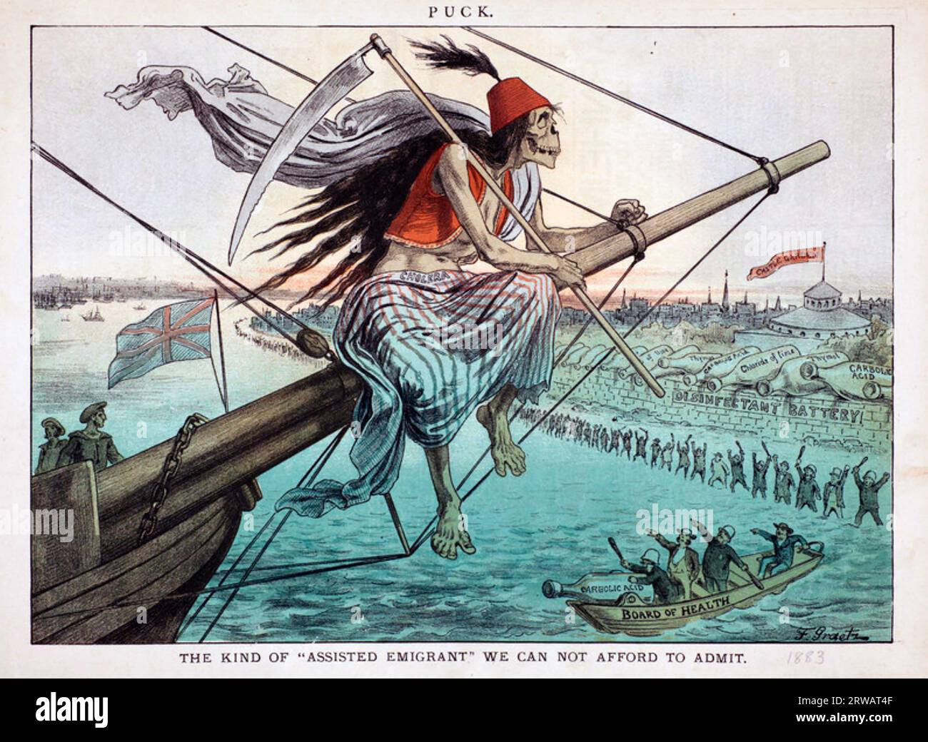 COLERA Cartoon criticando gli immigrati assistiti dalla rivista satirica americana Puck 18 luglio 1883 Foto Stock