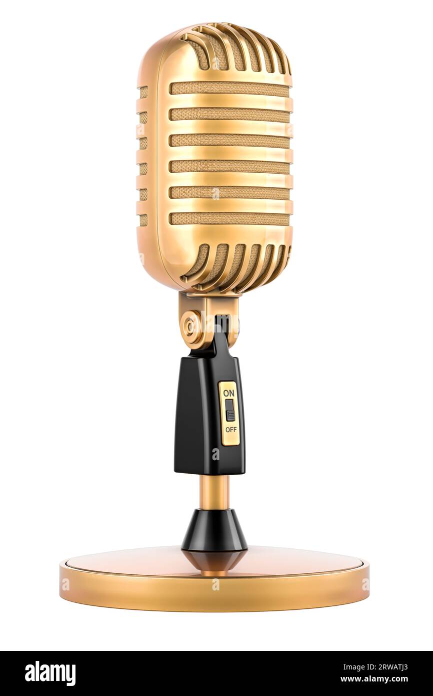 Microfono retro dorato, rendering 3D isolato su sfondo bianco Foto Stock