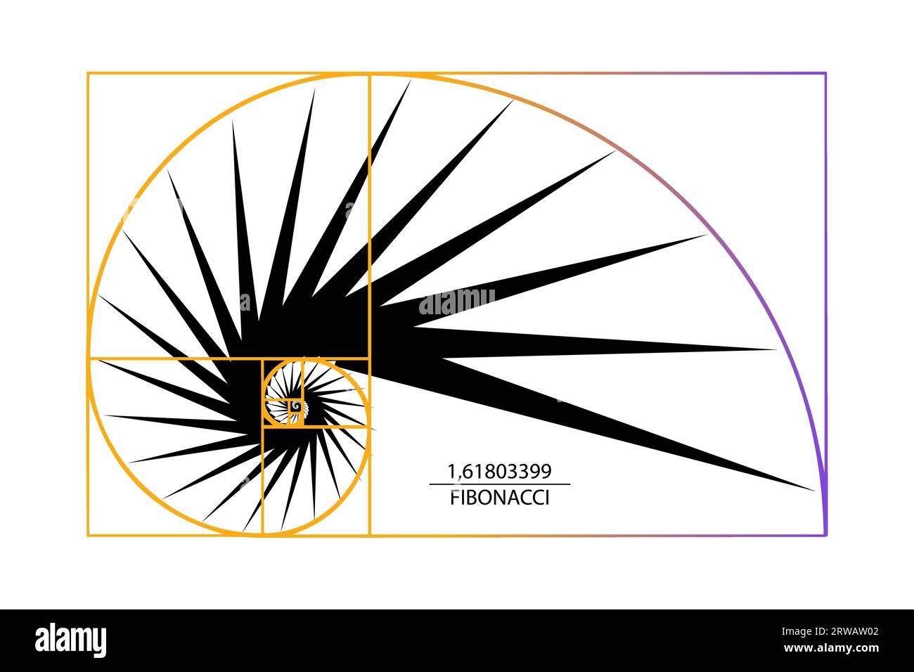 Sequenza dei numeri di Fibonacci. Golden ratio. Forme geometriche a spirale. Spirale di lumaca. Conchiglia marina di triangoli neri. Modello logo a geometria sacra. Logaritmo Illustrazione Vettoriale