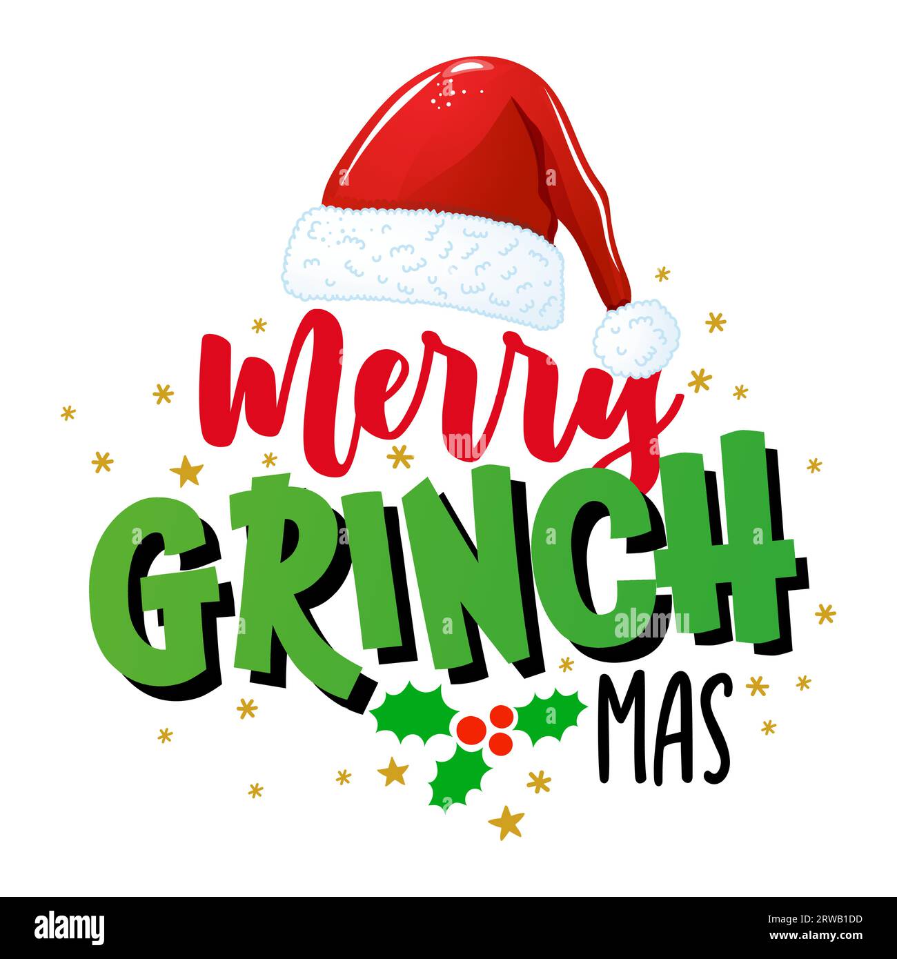 Merry Grinchmas - biglietto d'auguri. Isolato su sfondo bianco. Lettere disegnate a mano per biglietti di auguri di Natale, inviti. Ottimo per t-shirt, tazza, regalo Illustrazione Vettoriale