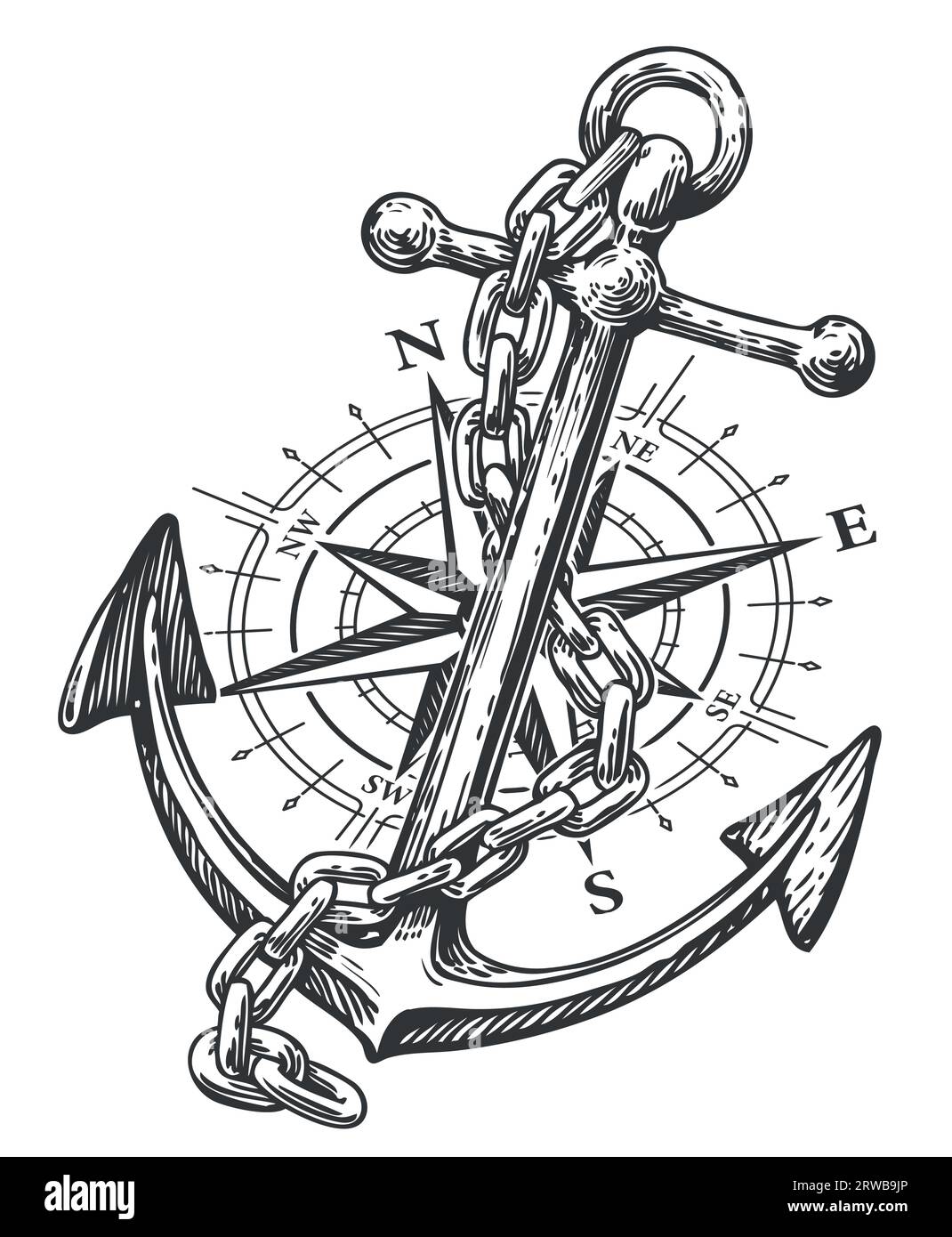Bussola, Rosa del vento e ancora con corda in stile incisione. Illustrazione vettoriale di schizzo vintage Illustrazione Vettoriale