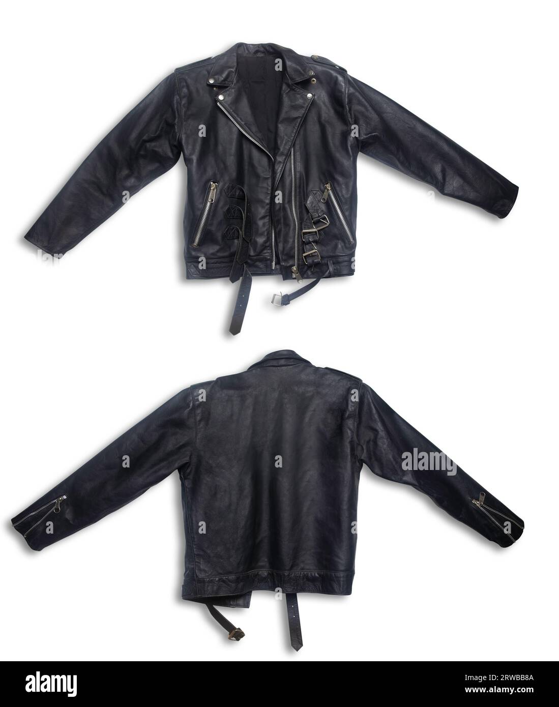 Giacca da biker classica in pelle nera. Abbigliamento per esterni da viaggio. Elegante giacca nera in pelle vintage con zip sul davanti e sul retro isolata su bac bianco Foto Stock