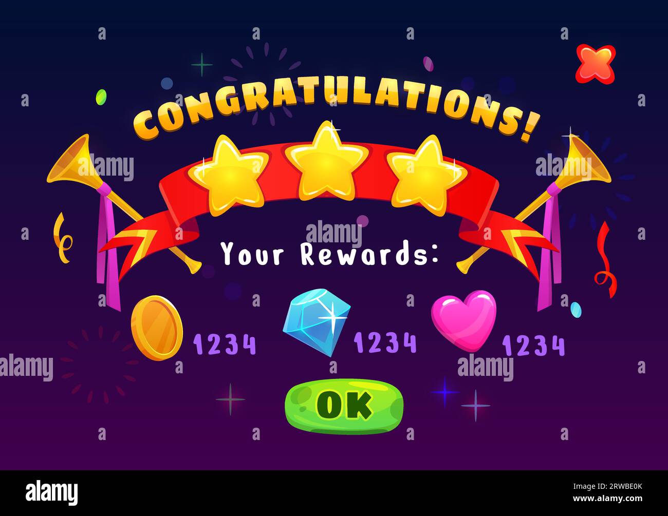 Ricompensa per i risultati del gioco, badge di interfaccia e icone con nastri e stelle di congratulazioni, GUI vettoriale. Livello di gioco completo e riepilogo dei premi con vincita bonus a moneta, cuore e diamanti per il gioco arcade Illustrazione Vettoriale