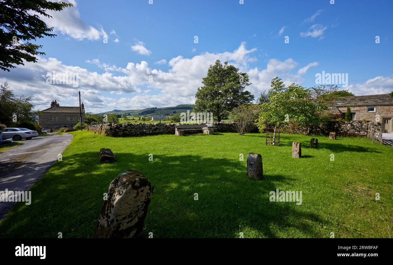 Una vista verso le colline di Wensleydale dal centro di Halton East Foto Stock
