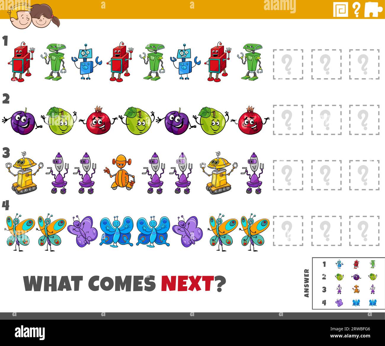 Illustrazione a cartoni animati che illustra il completamento dell'attività educativa del modello per bambini con personaggi comici Illustrazione Vettoriale