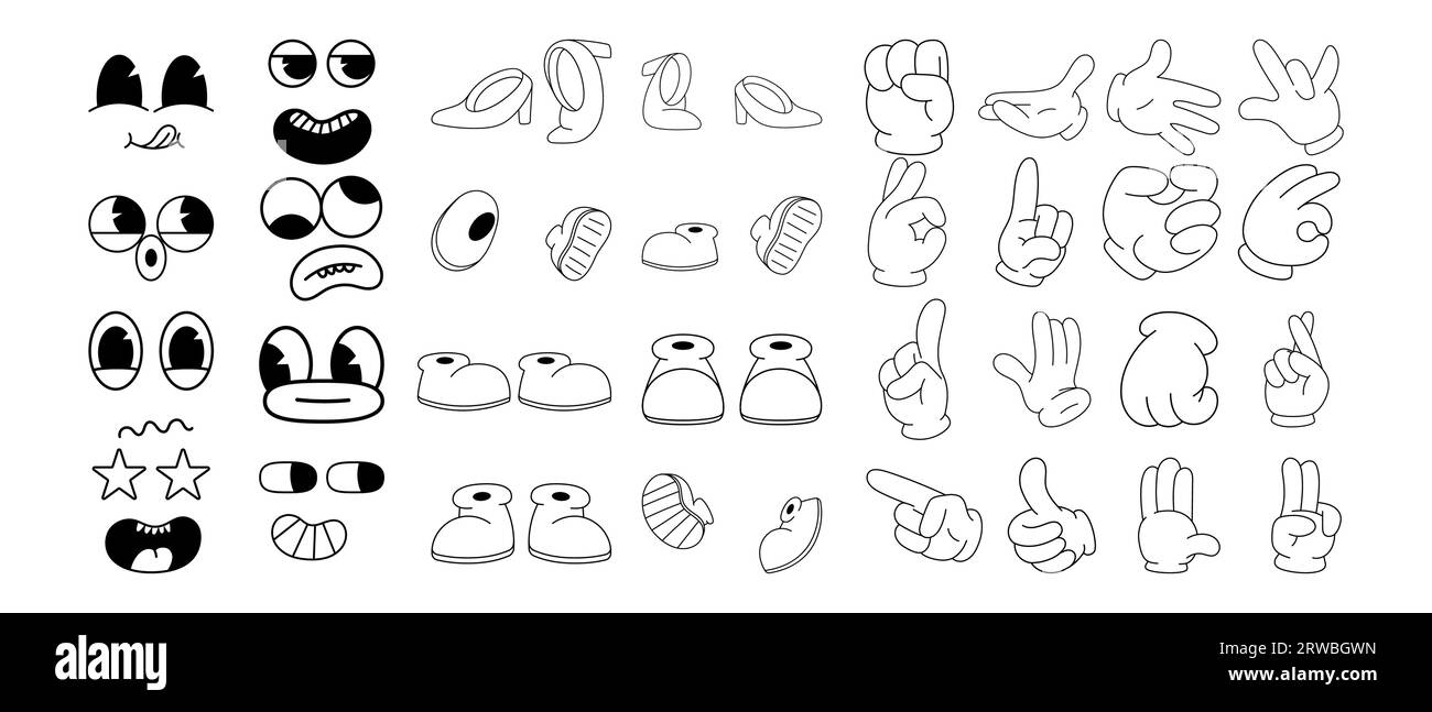 Collezione di visi, piedi e mani in stile cartoni animati retrò alla moda. Mascotte tradizionale piede, braccio, emozioni. Illustrazione isolata. Illustrazione Vettoriale
