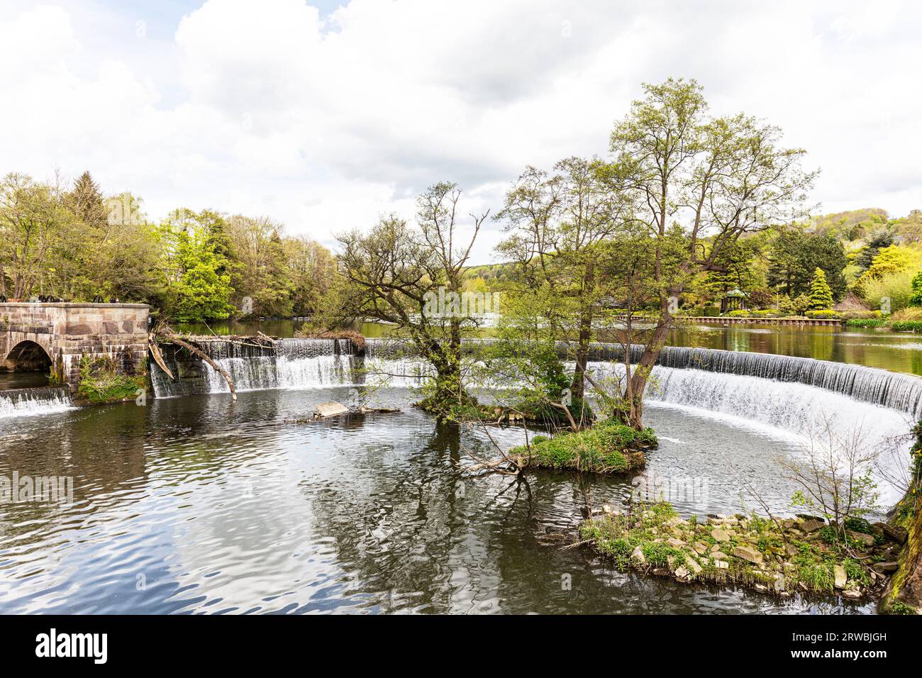 Belper Horseshoe Weir sul fiume Derwent, Belper, Derbyshire, Peak District, Inghilterra, Regno Unito, River Derwent, Horseshoe weir, Foto Stock