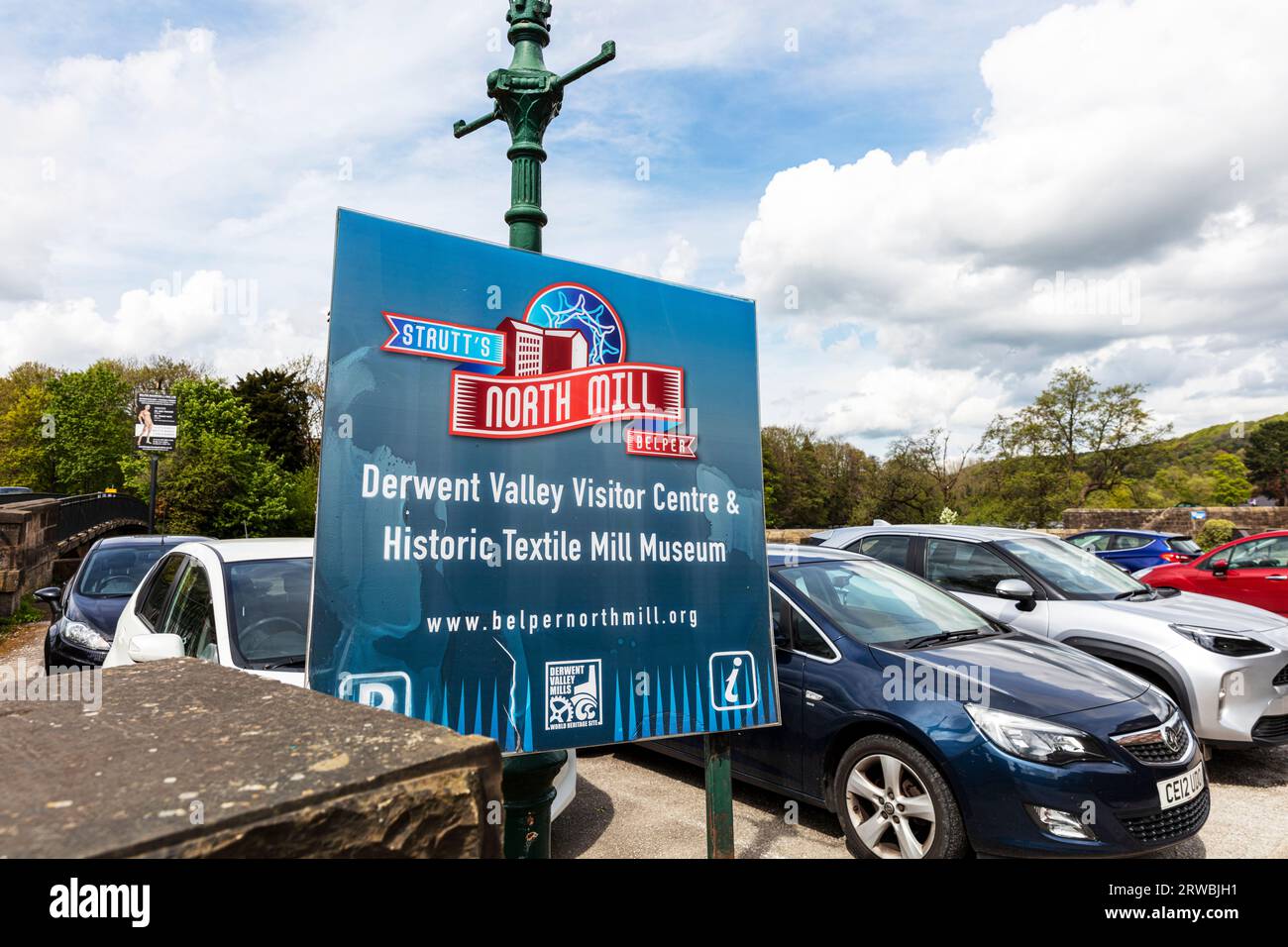 Strutts North Mill Belper Sign, Belper, Derbyshire, Peak District, Inghilterra, UK, Derwent Valley Visitor Center, Belper Textile Mill Museum, Belper UK Foto Stock