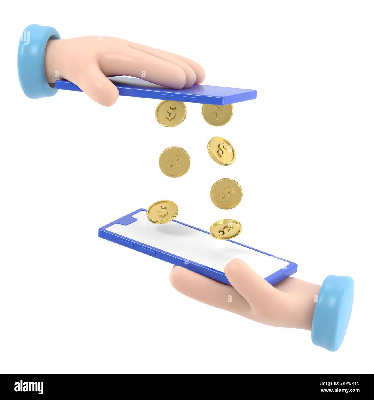 Pagamento mobile trasferimento di denaro isometria 3d piano concetto di transazione finanziaria isometrica illustrazione 3d Web. Gocce di moneta che piovono da uno smartphone a. Foto Stock