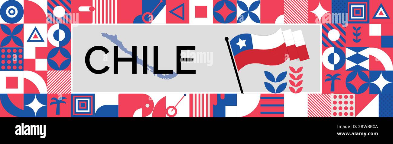 Mappa DEL CILE e pugni rialzati. Design per il giorno nazionale o il giorno dell'indipendenza per la celebrazione DEL CILE. Design retrò moderno con icone astratte. Vettore Illustrazione Vettoriale
