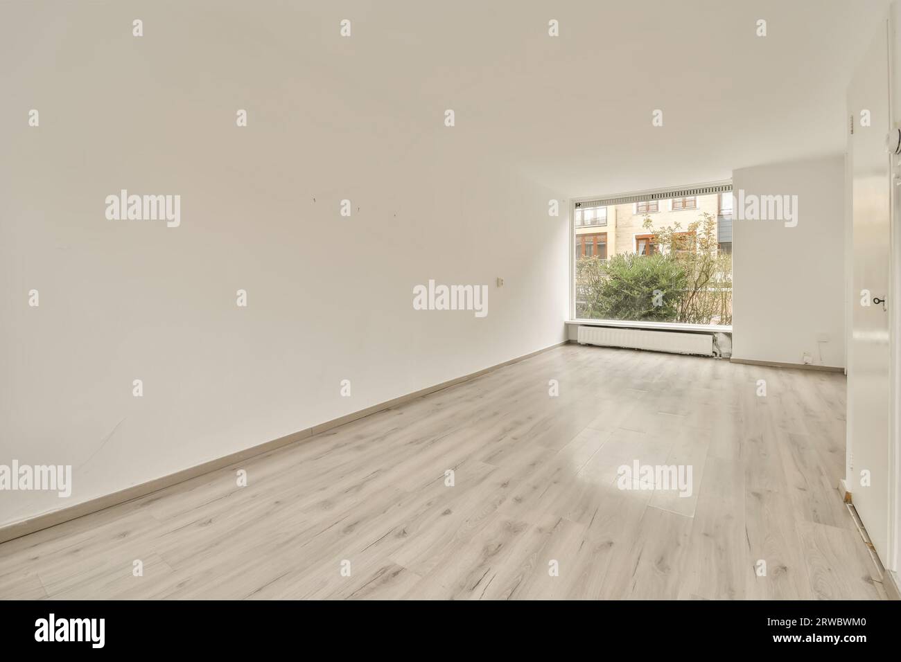 Spaziosa camera vuota con finestra in vetro e pavimento in parquet in un moderno appartamento con pareti bianche Foto Stock