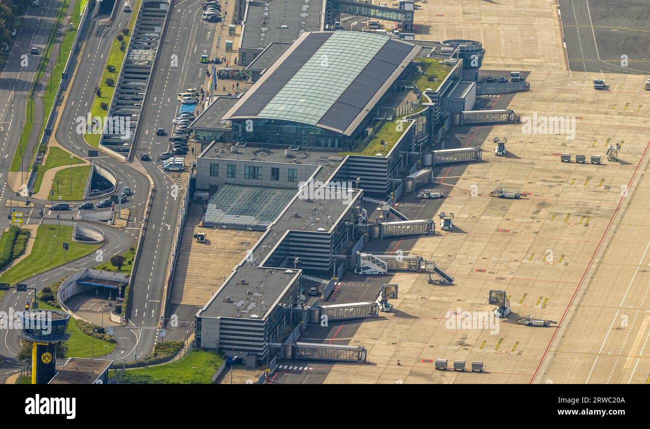 Vista aerea, aeroporto di Dortmund con terminal, Wickede, Dortmund, zona della Ruhr, Renania settentrionale-Vestfalia, Germania, GERMANIA, Europa, missione di volo, aeroporto, Aircr Foto Stock