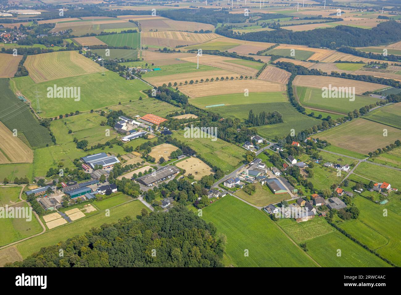 Veduta aerea, Plaas-Beisemann Agricoltura e pensione di allevamento di cavalli, Strickherdicke, Fröndenberg, regione della Ruhr, Renania settentrionale-Vestfalia, GE Foto Stock
