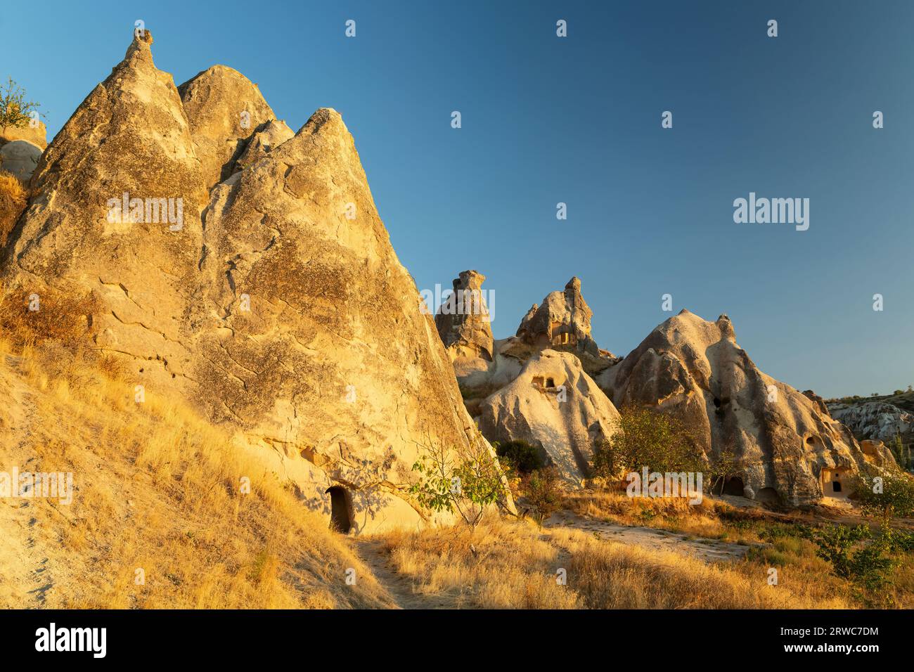 Abitazioni nei camini delle fate, nella Valle delle spade (Meskendir), vicino a Goreme, Cappadocia, Turchia Foto Stock