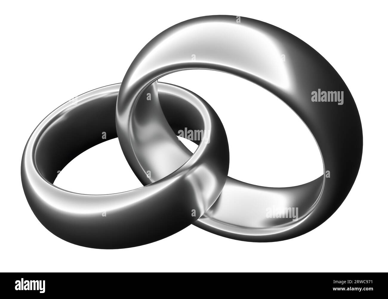 Immagine di due anelli in argento da sposa isolati su bianco. Concetti di unità e amore Foto Stock