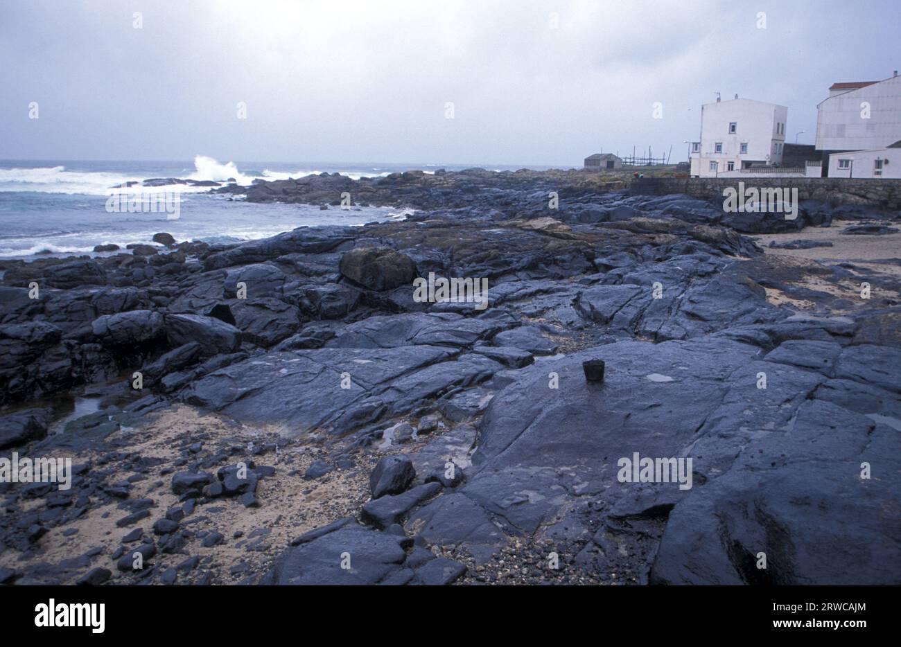 La fuoriuscita di olio di Prestige , Praia do Coido, Muxia, A Coruña, Galizia, Spagna Foto Stock