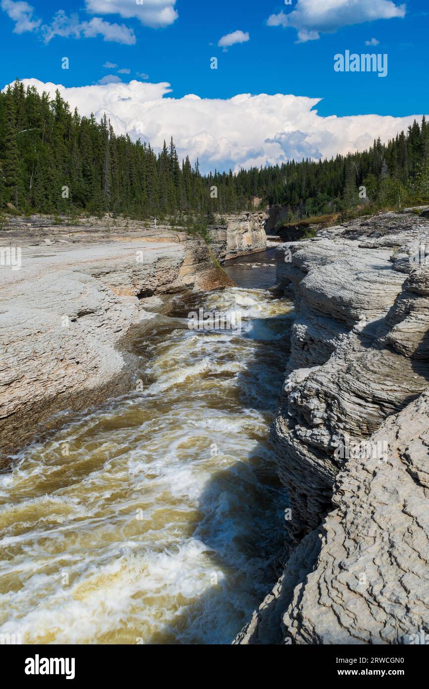 Il fiume Trout attraversa una splendida gola nei territori del Nord-Ovest, Canada Foto Stock