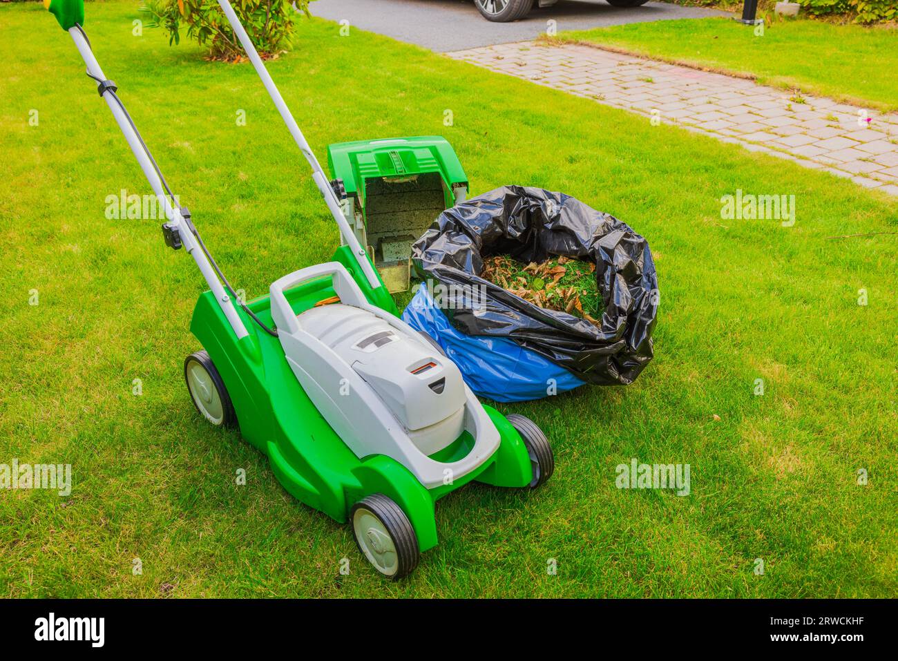 Vista ravvicinata del rasaerba elettrico e della borsa con erba tagliata sul prato. Foto Stock