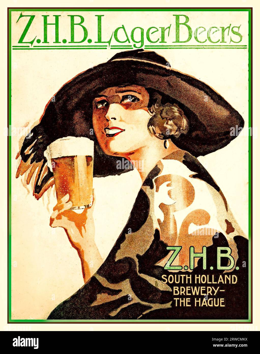Cartolina vintage anni '1920 di Jacob Jansma per Z.H.B. Lager Beers Z.H.B. South Holland Brewery - The Hague Holland. Z.H.B. Lager Beers, della South Holland Brewery (alias Zuid Hollandse Bierbrouwerijen Foto Stock