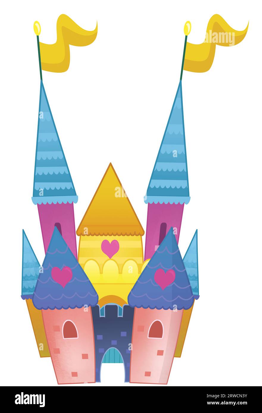 cartoni animati bellissimo e colorato castello medievale, illustrazione isolata per bambini Foto Stock