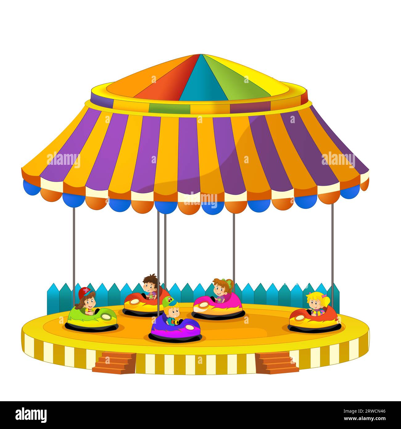 scena di cartoni animati con carosello di elementi colorati, illustrazione isolata per i bambini Foto Stock