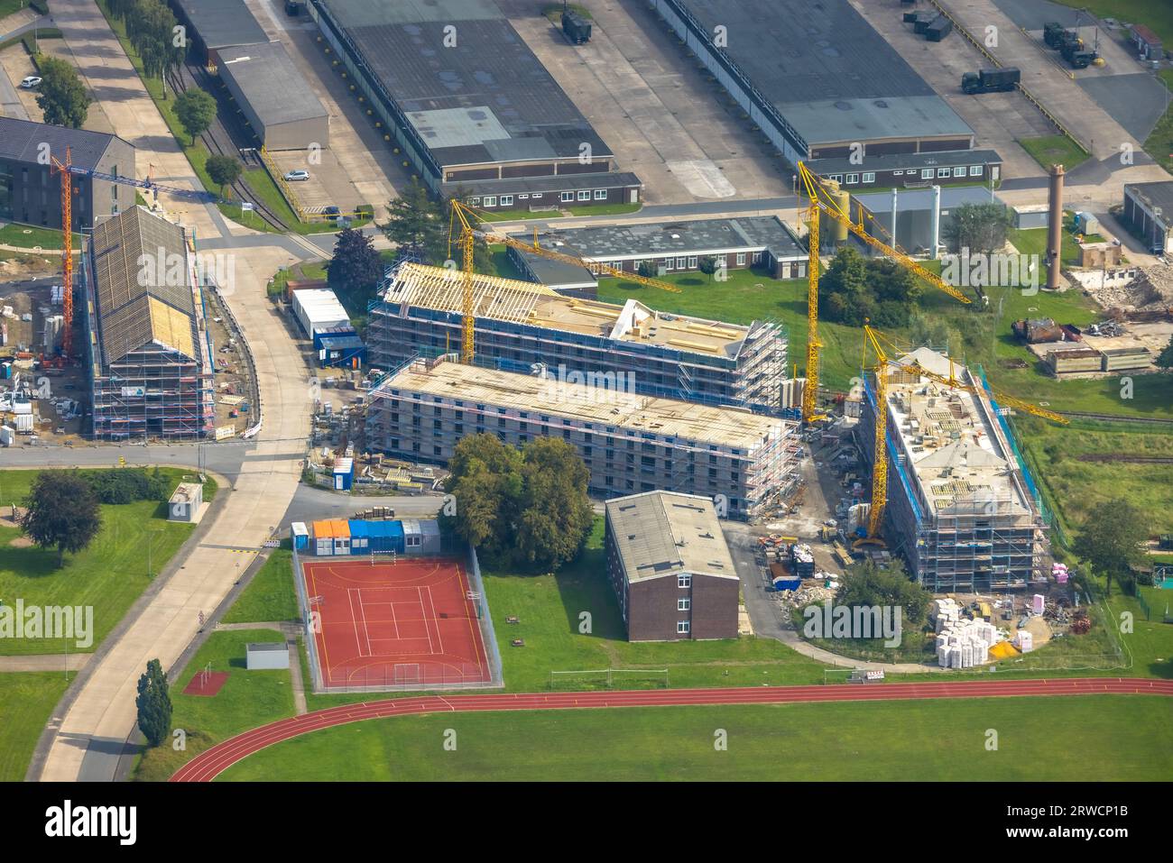 Vista aerea, caserma Glückauf, cantiere, Königsborn, Unna, zona della Ruhr, Renania settentrionale-Vestfalia, Germania, lavori di costruzione, zona edificabile, bui Foto Stock