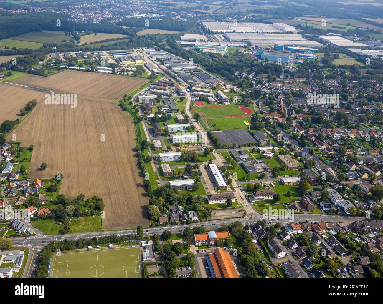 Vista aerea, caserma Glückauf, cantiere, Königsborn, Unna, zona della Ruhr, Renania settentrionale-Vestfalia, Germania, lavori di costruzione, zona edificabile, bui Foto Stock