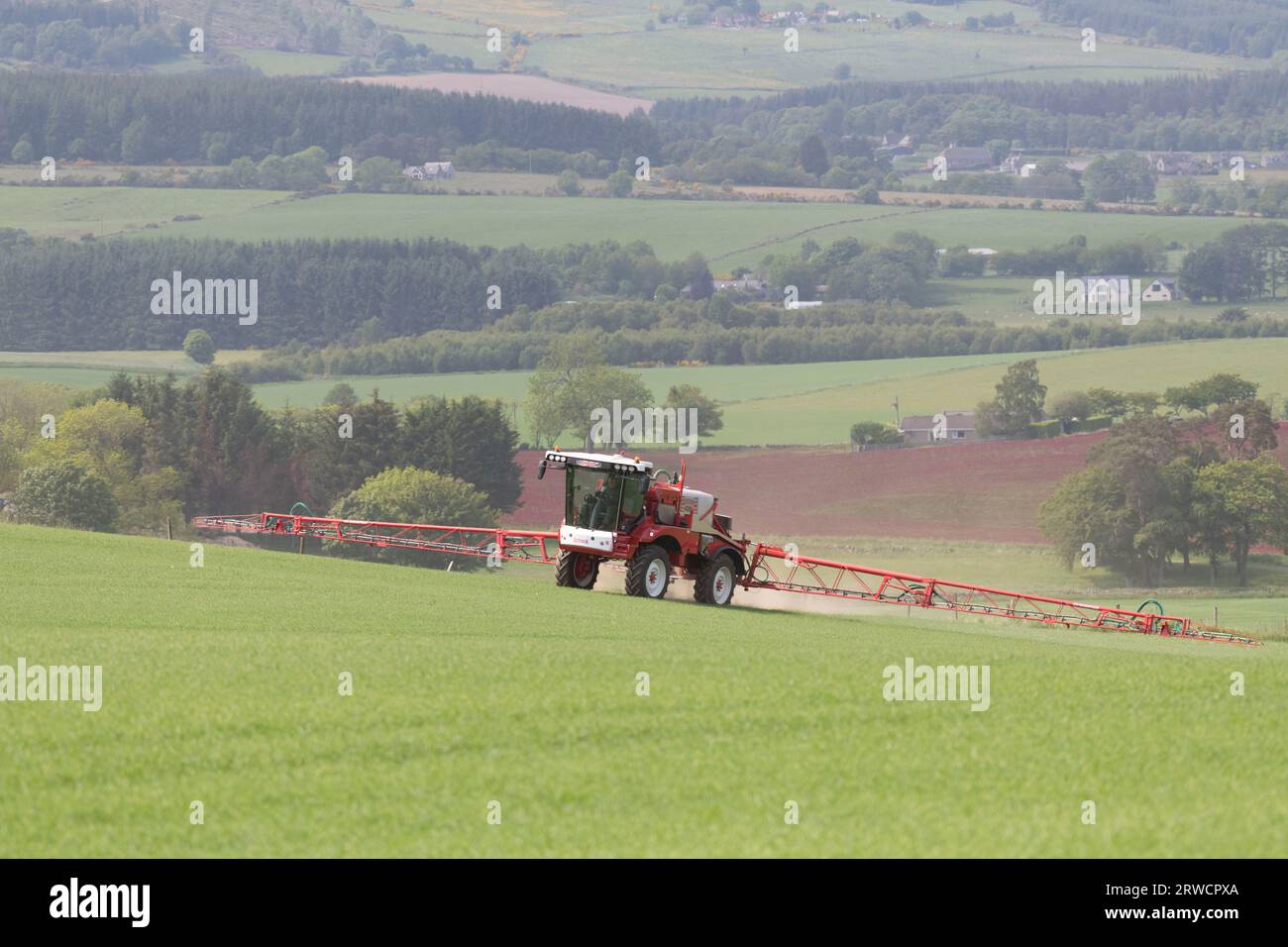 Un irroratore semovente Bateman 4000 che spruzza orzo primaverile su una collina nell'Aberdeenshire con vista sui terreni agricoli circostanti Foto Stock
