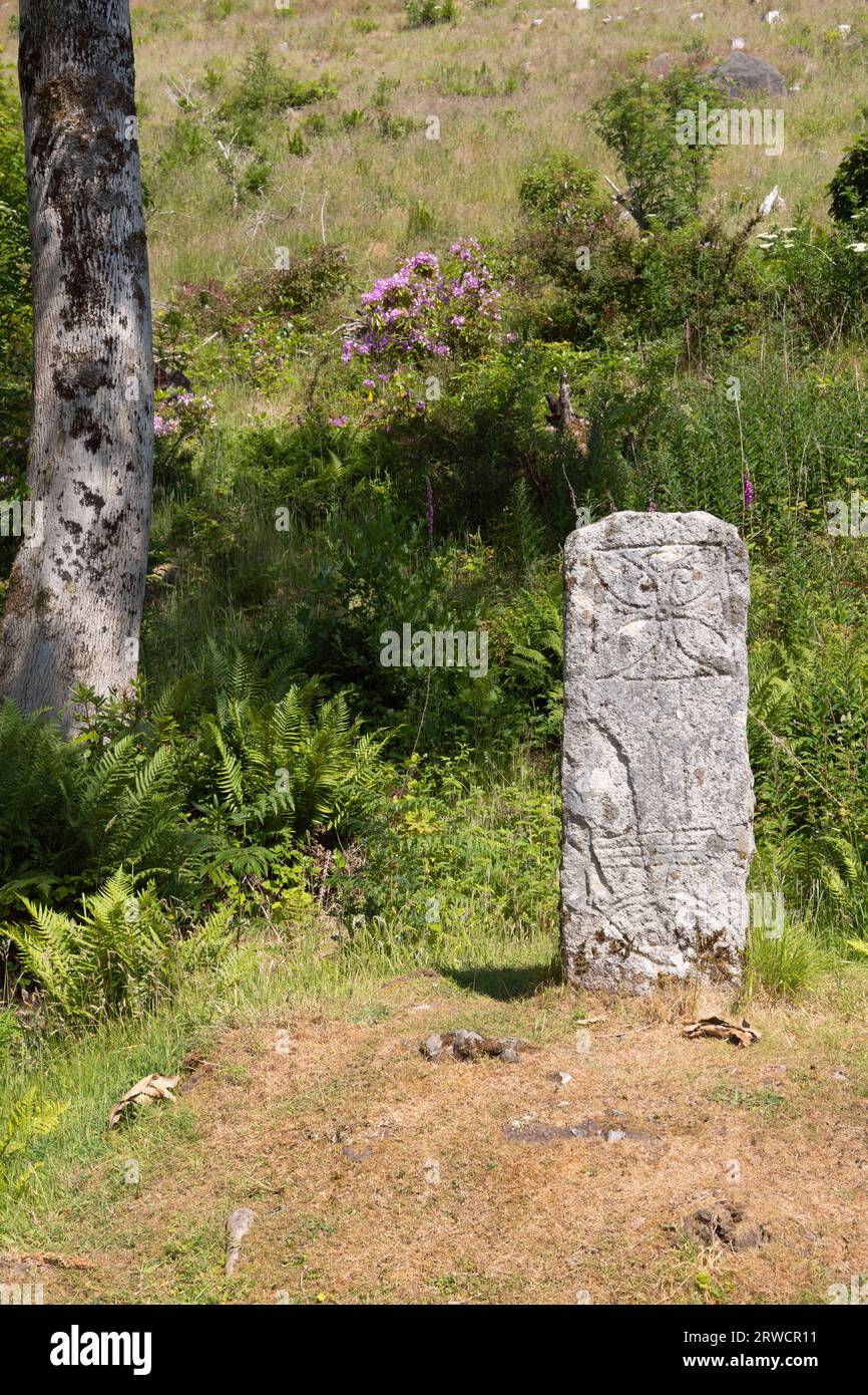 Una pietra eretta pitta resistente alle intemperie su Raasay nelle Ebridi interne, con diversi simboli scolpiti tra cui la croce chi-Ro in alto Foto Stock