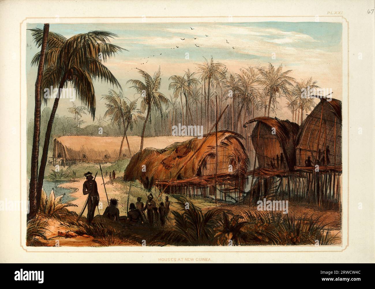 Case su palafitte, più piccole utilizzate da famiglie single e lunghe case sullo sfondo per un certo numero di famiglie in Papua nuova Guinea. Gruppo di abitanti in primo piano. Foto Stock