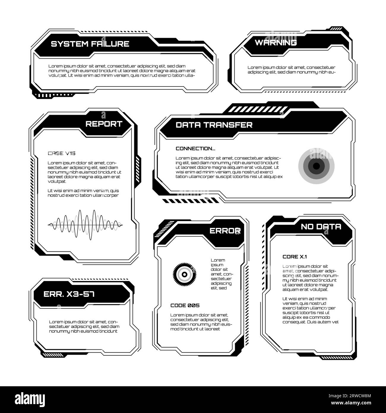 HUD futuristico nero, elementi UI. Caselle di testo e didascalie dell'interfaccia utente sci-fi. Riquadri dei messaggi di avvertenza, modello delle caselle di informazioni. Gioco moderno Illustrazione Vettoriale