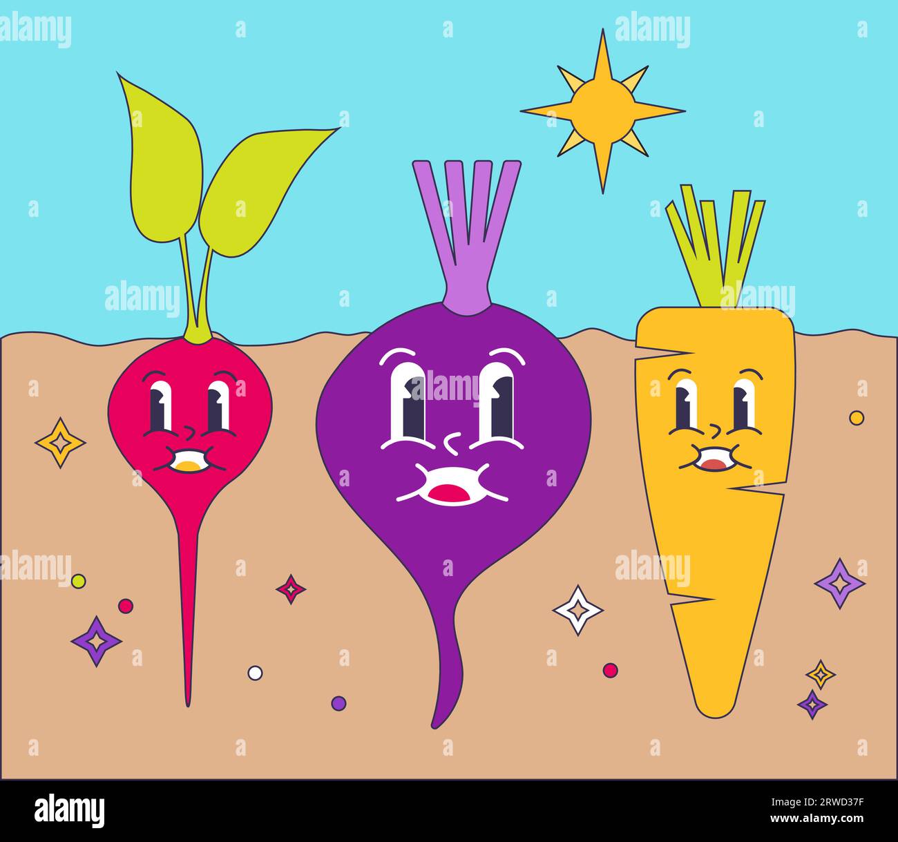 Groovy cute Vegetable Set di Radish, barbabietole e carote personaggi nel Soil Garden Illustrazione Vettoriale