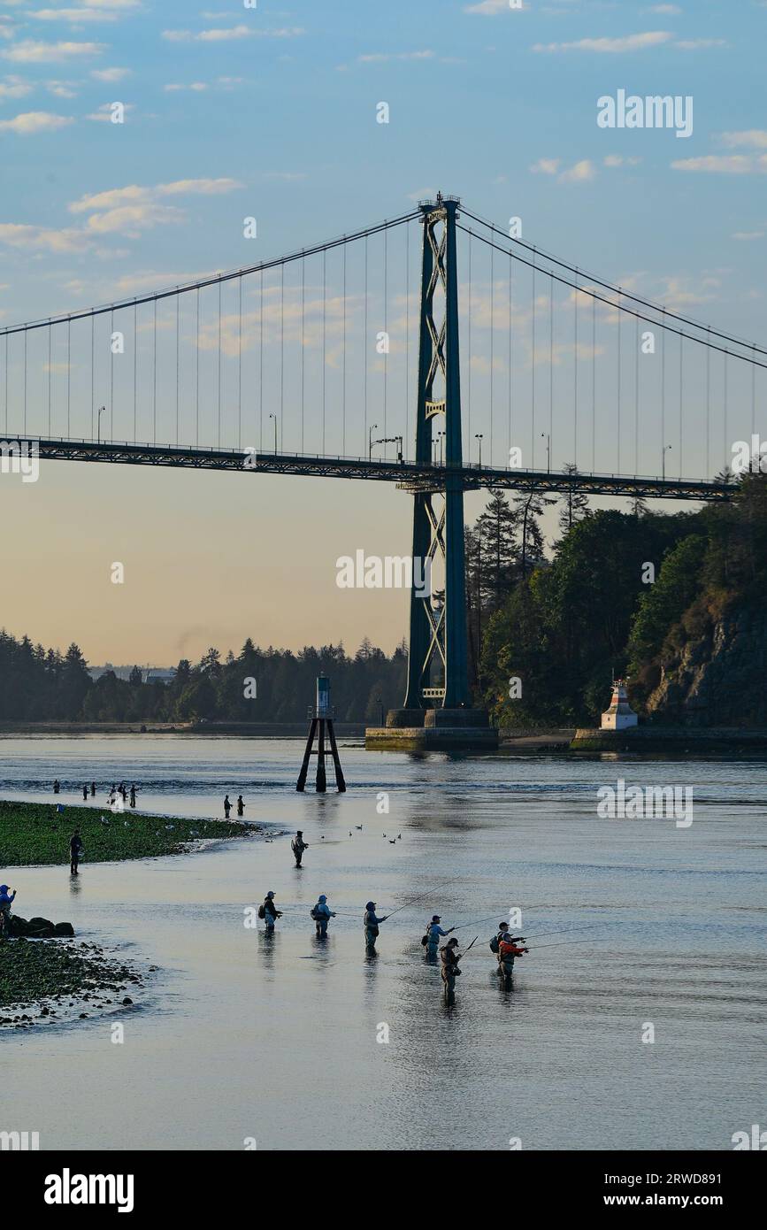 People Fishing, Ambleside Beach, West Vancouver, British Columbia, Canada Foto Stock