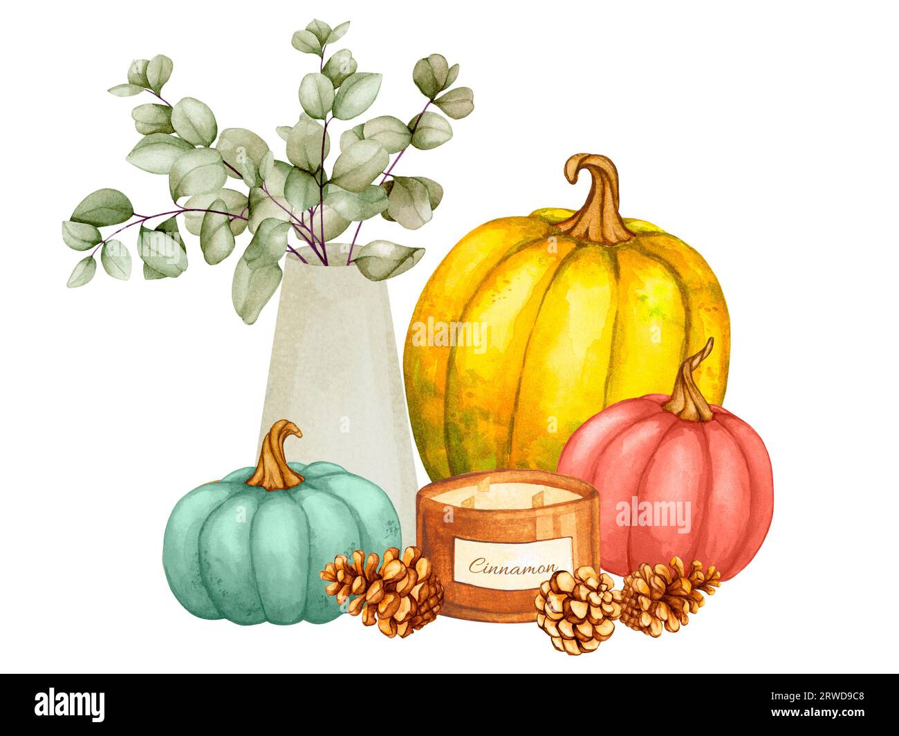 Composizione autunnale con zucche, eucalipto, candele e coni di pino. Atmosfera autunnale, casa accogliente, giorno del Ringraziamento, festival del raccolto. Acquerello disegnato a mano per Foto Stock