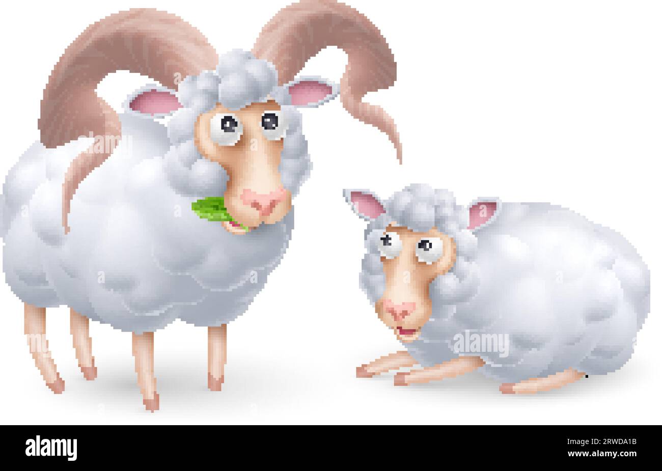 Simpatici e divertenti due personaggi delle pecore. Illustrazione del cartone animato di coppia di pecore su sfondo bianco. Modello perfetto per eventi per bambini, biglietti di compleanno Illustrazione Vettoriale