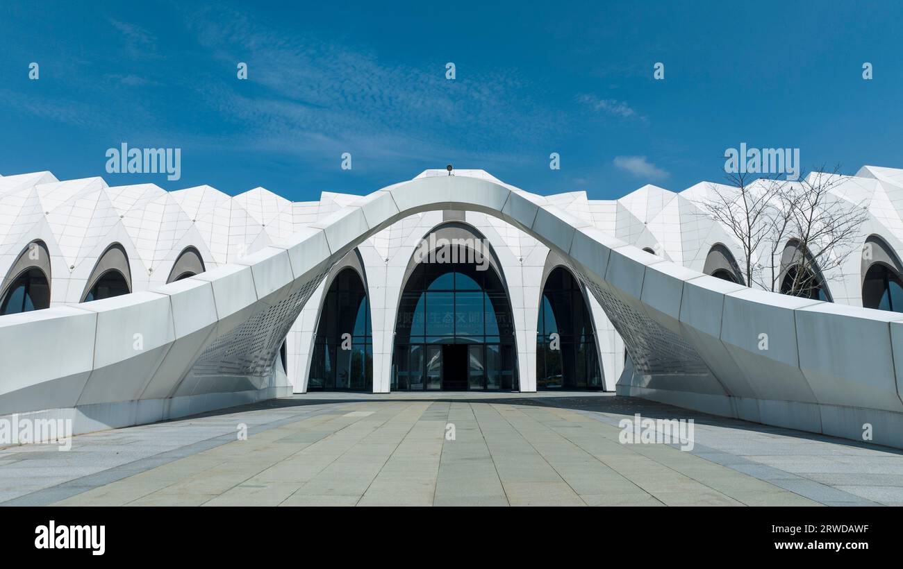 JIUJIANG, CINA - 18 SETTEMBRE 2023 - foto aerea del Centro Congressi ed esposizioni di Wucheng International Migratory Bird Town nella città di Jiujiang, Ji Foto Stock