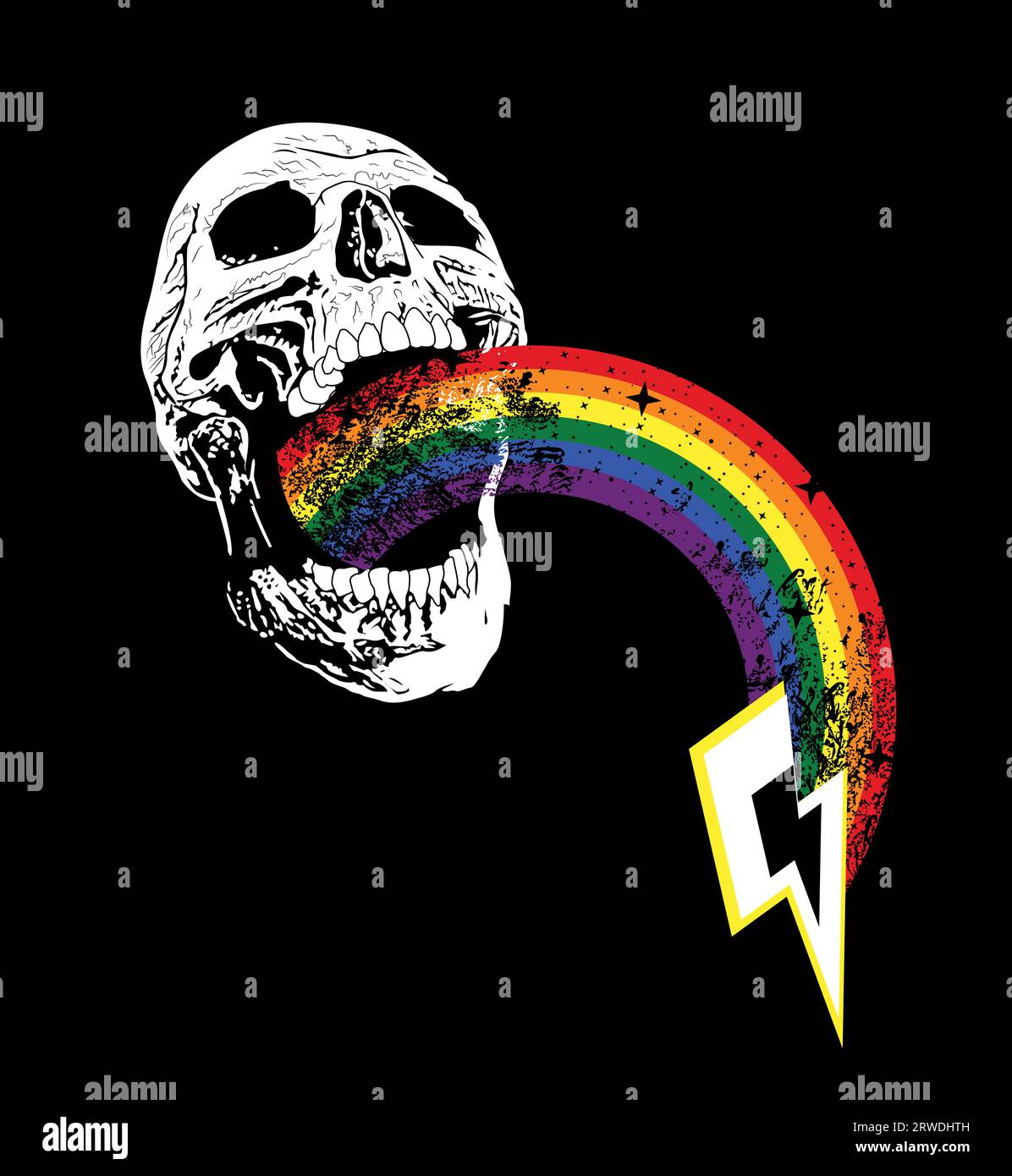T-shirt di un teschio con un arcobaleno che esce dalla bocca e il simbolo di thunderbolt. Buona illustrazione per il giorno dell'orgoglio gay Illustrazione Vettoriale