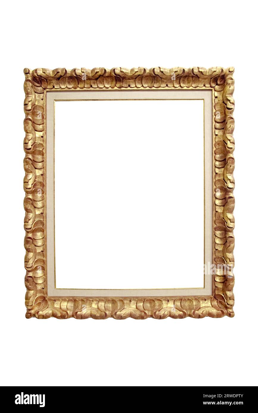 Lussuosa cornice dorata dorata ornamentale di lusso, stile esclusivo e alla moda su sfondo bianco isolato Foto Stock