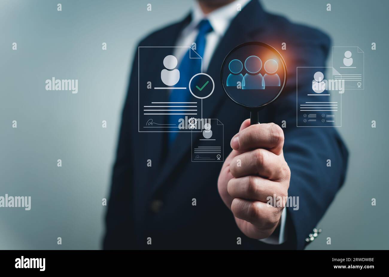 Concetto aziendale di gestione delle assunzioni. Gestione delle relazioni con struttura globale. Risorse umane. Gestione reclutamento occupazione caccia alla testa Foto Stock