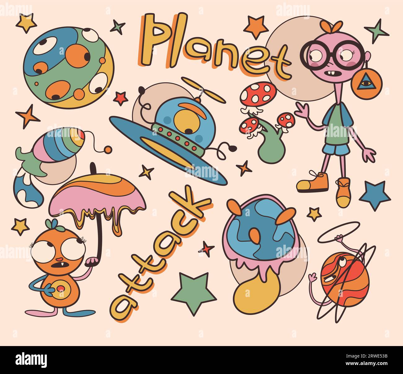 Sfondo vaporwave con creature astratte e oggetti isolati su sfondo beige. Illustrazione vettoriale di pianeti alieni, razzi e veicoli spaziali, stelle, personaggio con ombrello, funghi Illustrazione Vettoriale