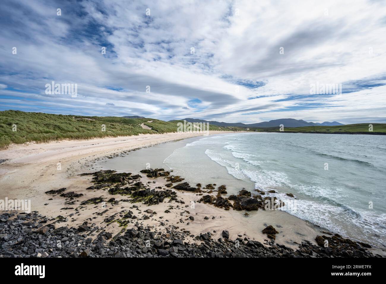 La spiaggia sabbiosa di Balnakeil Beach nelle Northern Highlands, Durness, Highlands, Scozia, Regno Unito Foto Stock