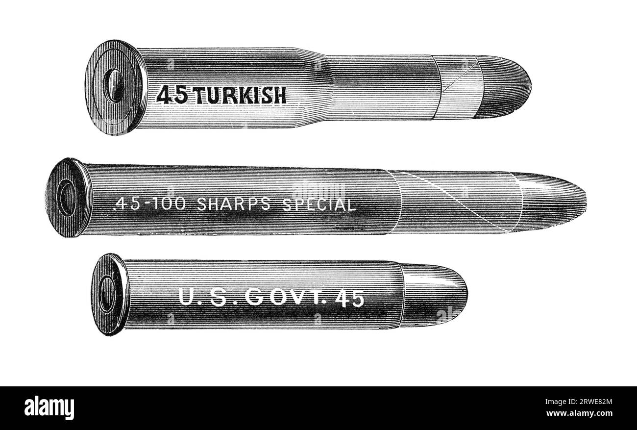 Cartucce di fucile diverse. Originariamente pubblicato nel gennaio 1880 su Scribners Monthly Magazine Foto Stock