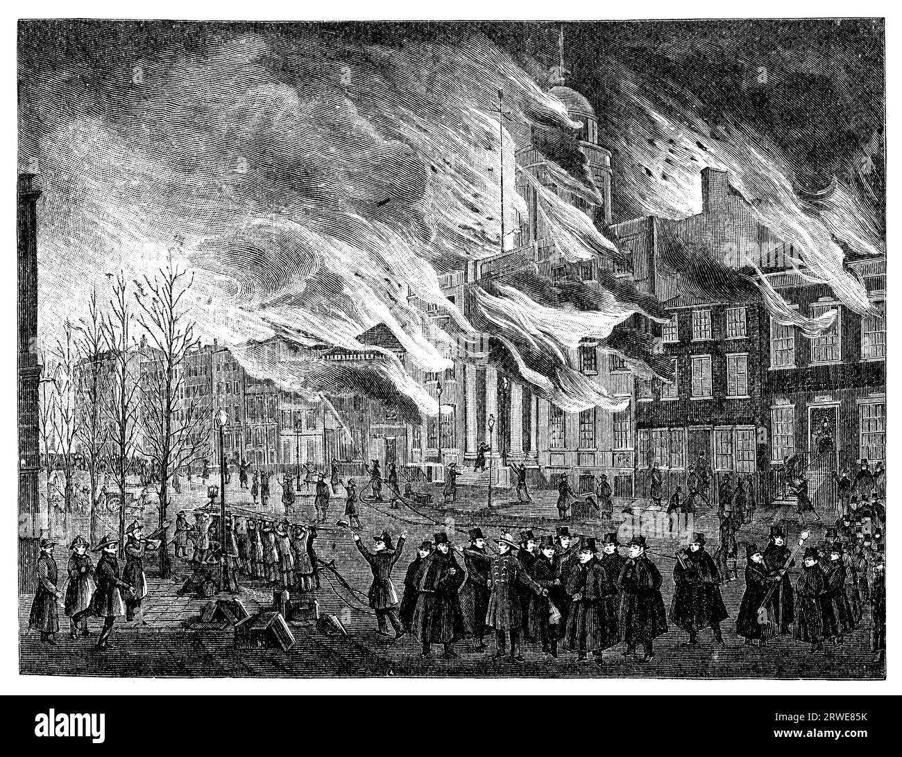 Il grande incendio di New York nel 1835. Incisione vintage dalla rivista Harpers Monthly 1881. in virtù dell'età Foto Stock