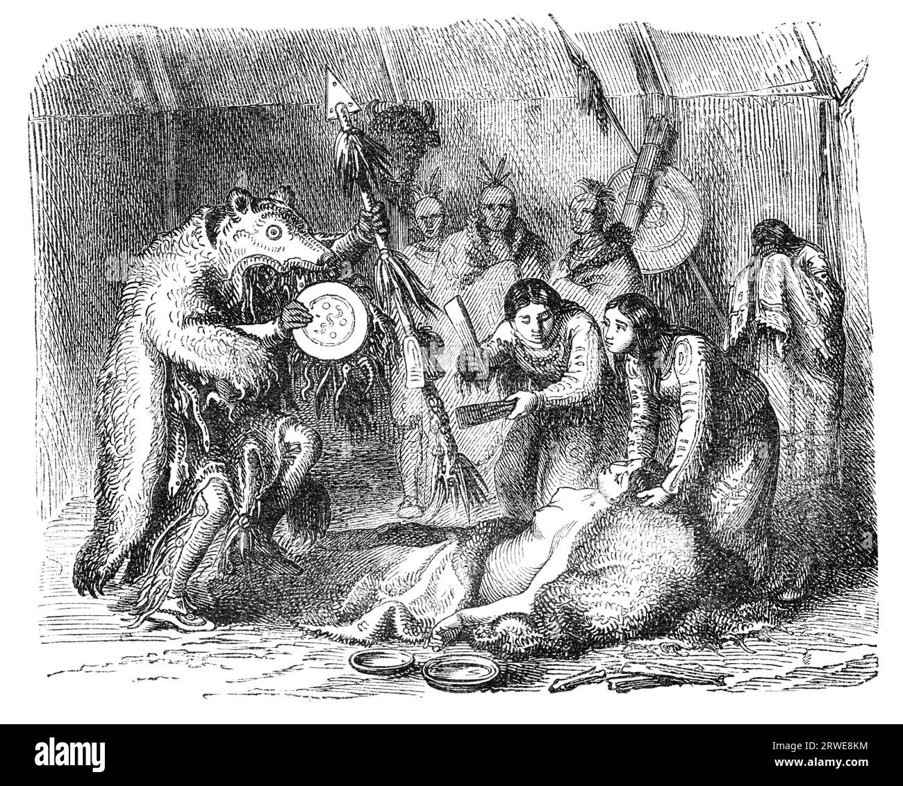 Uomo di medicina nativo americano. Incisione dell'artista sconosciuto di Ernst von Hesse-Warteggs Nord Amerika, edizione svedese pubblicata nel 1880 Foto Stock