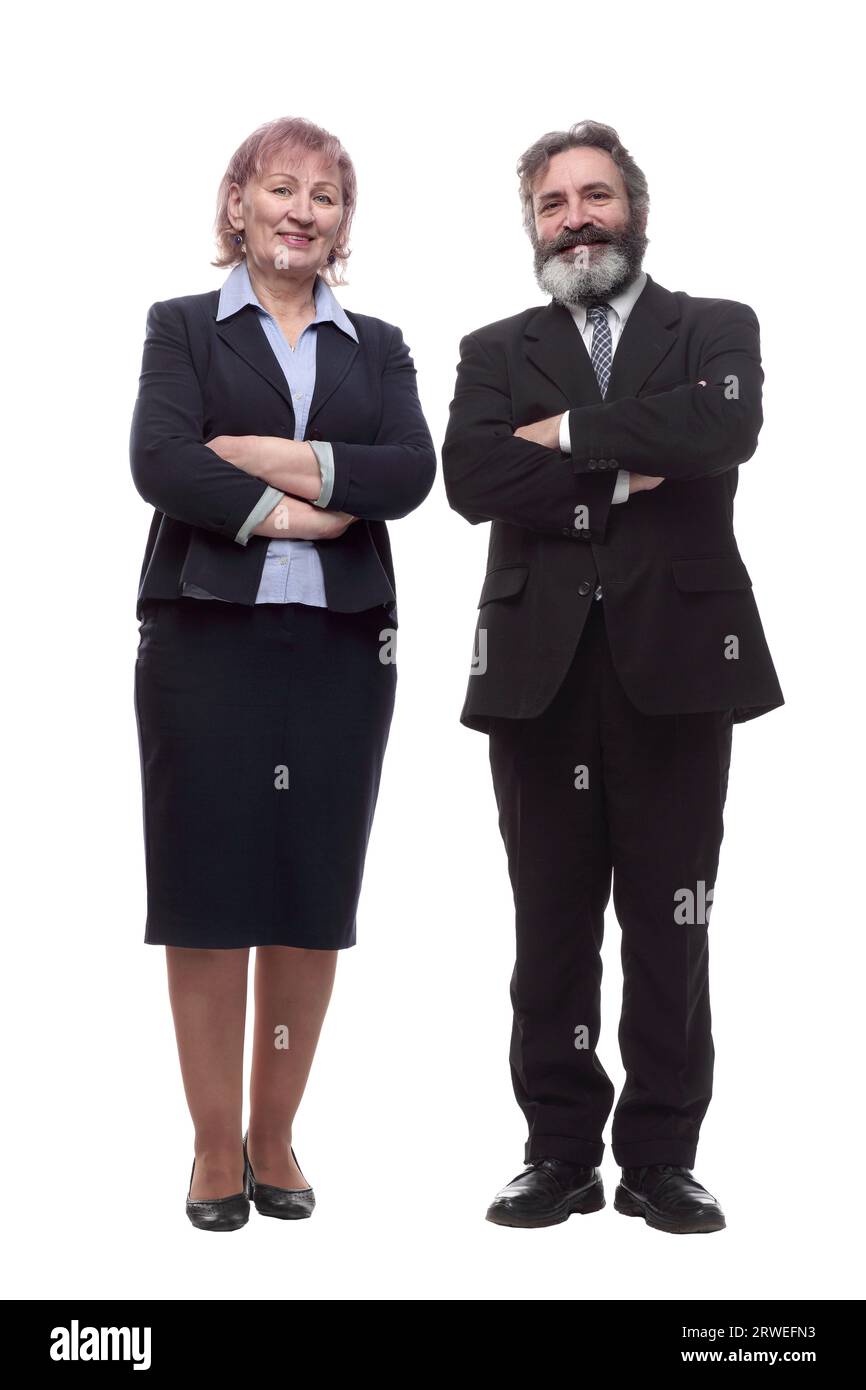 uomo d'affari e donna d'affari che camminano insieme. isolato su un bianco Foto Stock