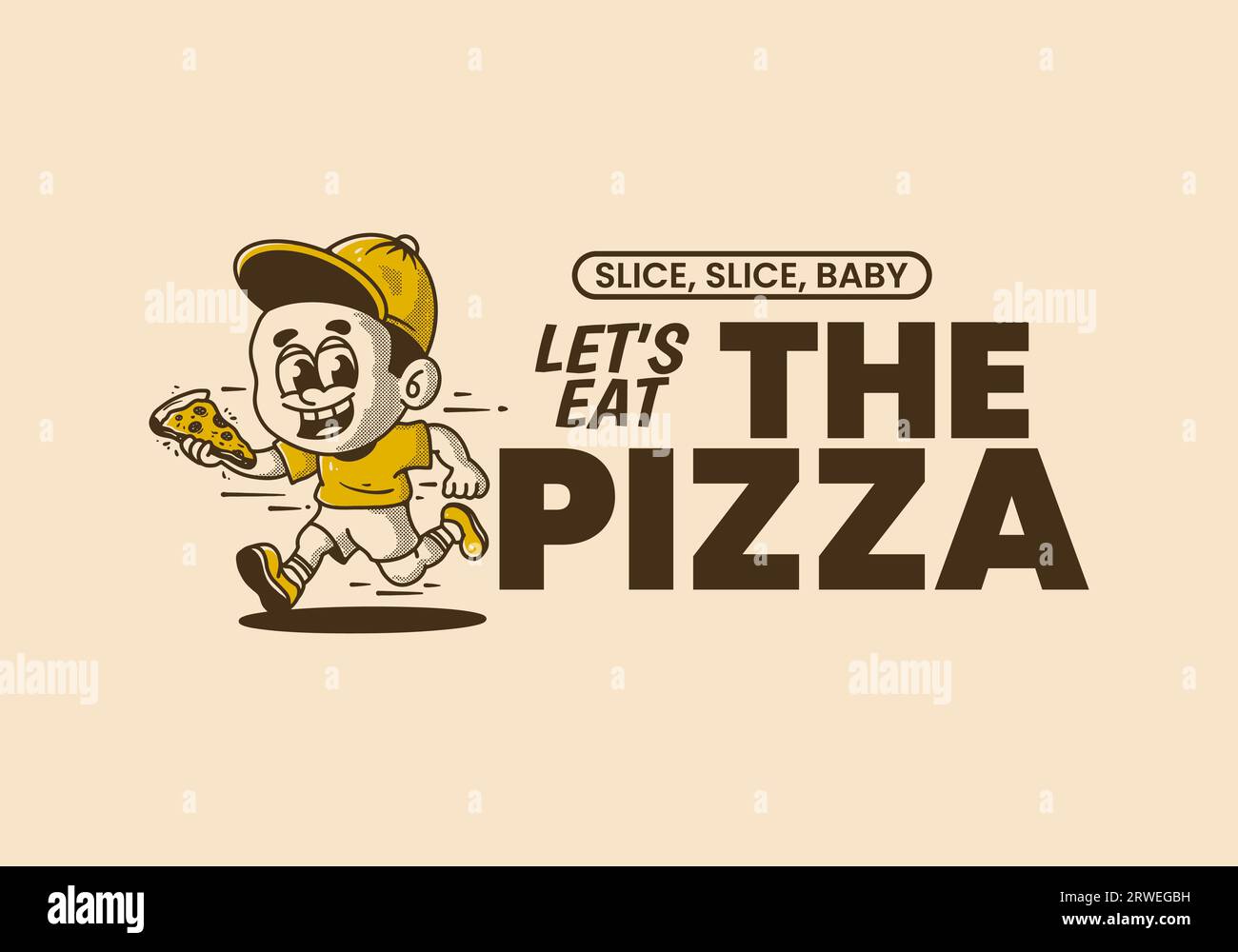 Mangiamo la pizza, un ragazzino che corre e regge una fetta di pizza, illustrazioni vintage Illustrazione Vettoriale