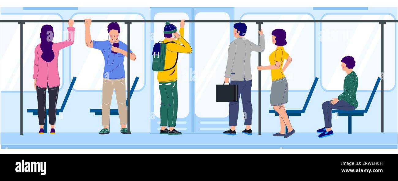 Persone diverse sedute e in piedi nei trasporti pubblici Illustrazione Vettoriale